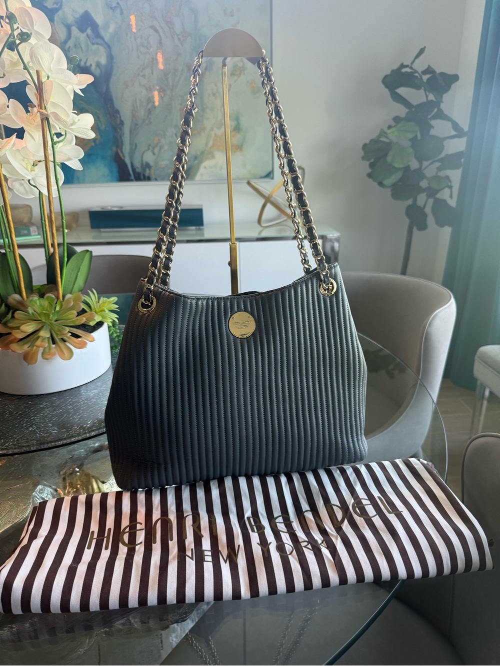 Henri Bendel Grey Quilted-Texture Chain Shoulder Bag with Gold Accents